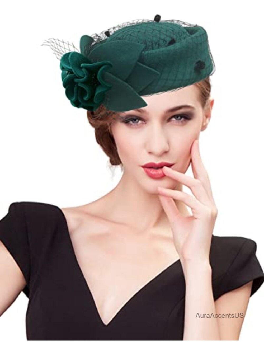 Wool Felt Pillbox Hat with Veil Bow Flower Fascinator Church Derby